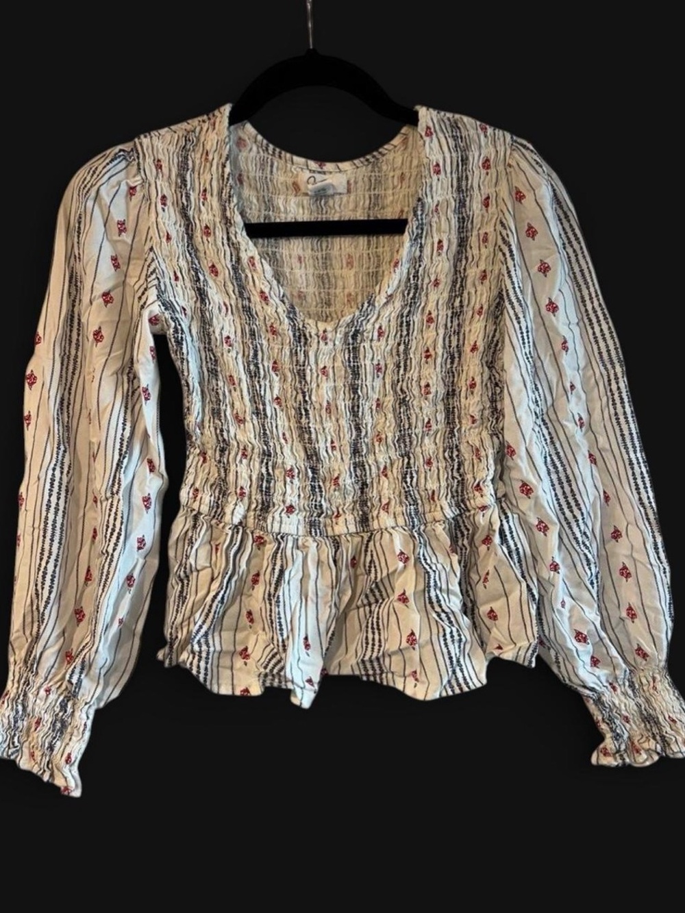 Japna Boho Smocked Red and Black Floral Pealum Blouse Size S